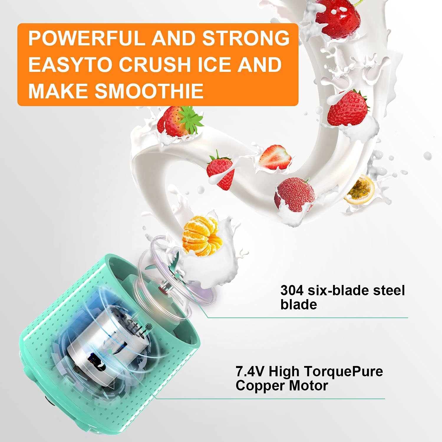 Personal Blender, Portable Travel Mini Ice Mixer Electric Smoothie Blender Juicer Cup Maker, with 13 Oz Bottles, 6 Blades and USB 4000Mah Strong Power for Shakes and Smoothies (Sky Blue)