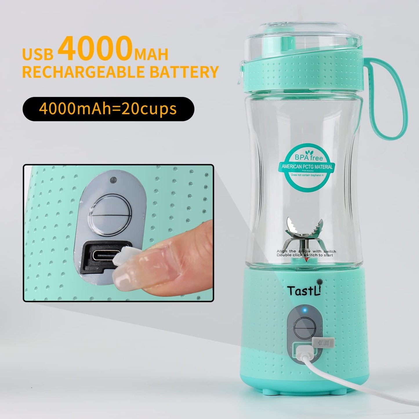 Personal Blender, Portable Travel Mini Ice Mixer Electric Smoothie Blender Juicer Cup Maker, with 13 Oz Bottles, 6 Blades and USB 4000Mah Strong Power for Shakes and Smoothies (Sky Blue)