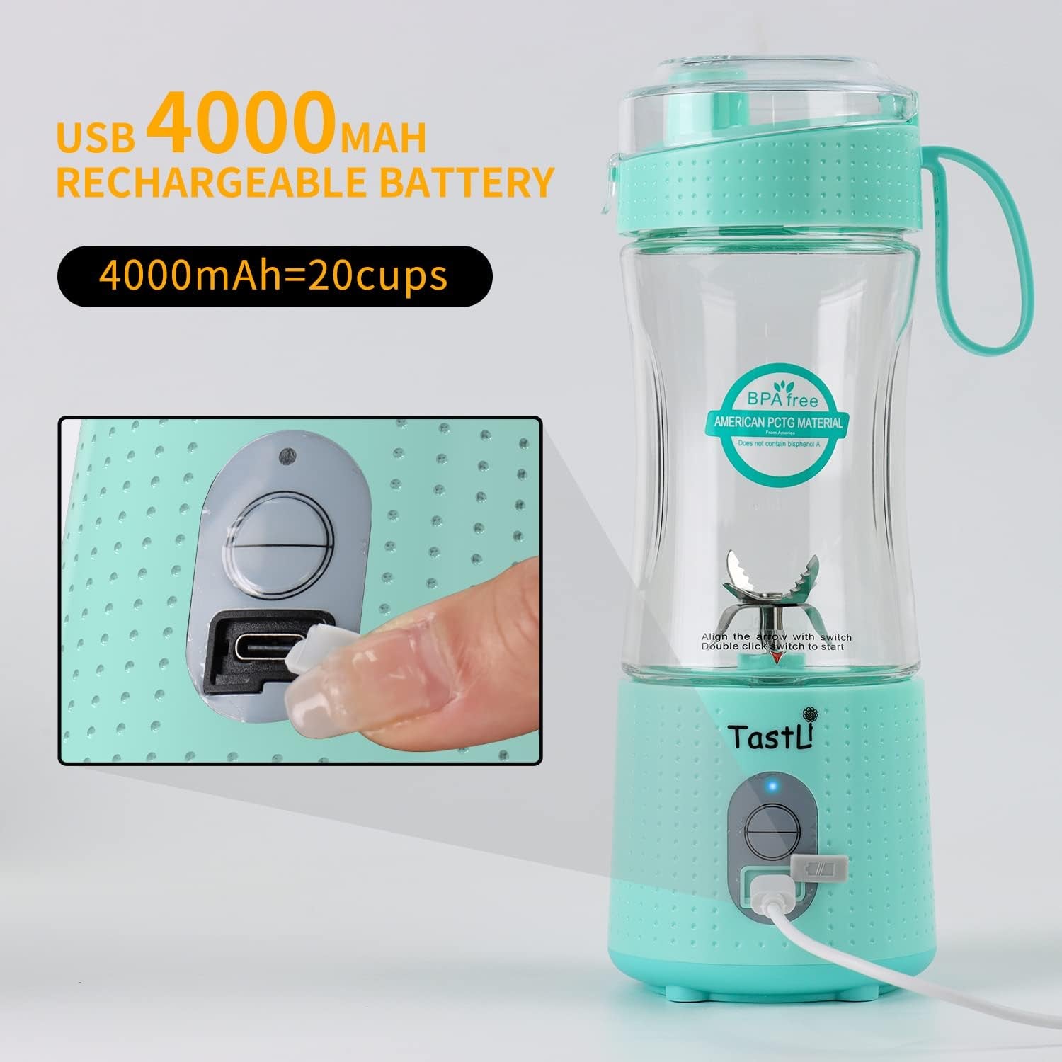 Personal Blender, Portable Travel Mini Ice Mixer Electric Smoothie Blender Juicer Cup Maker, with 13 Oz Bottles, 6 Blades and USB 4000Mah Strong Power for Shakes and Smoothies (Sky Blue)
