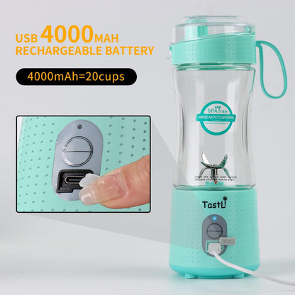 Personal Blender, Portable Travel Mini Ice Mixer Electric Smoothie Blender Juicer Cup Maker, with 13 Oz Bottles, 6 Blades and USB 4000Mah Strong Power for Shakes and Smoothies (Sky Blue)