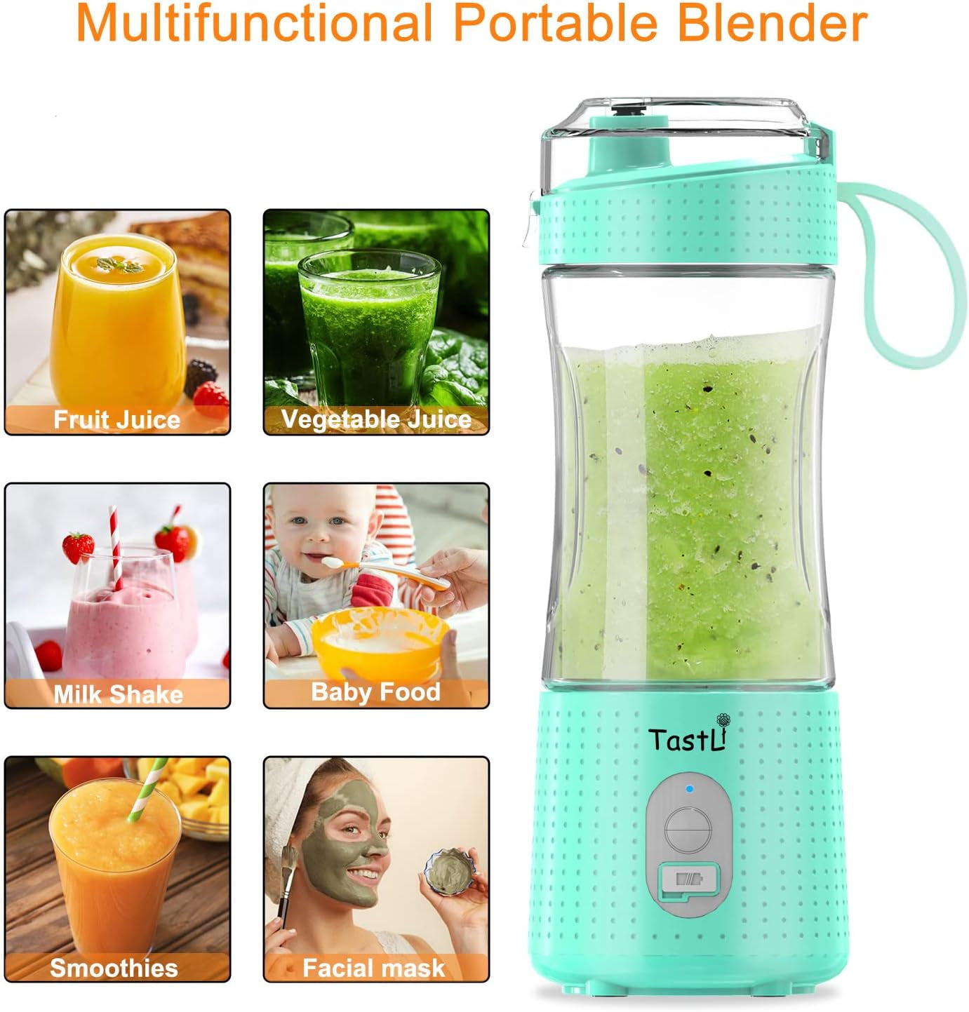Personal Blender, Portable Travel Mini Ice Mixer Electric Smoothie Blender Juicer Cup Maker, with 13 Oz Bottles, 6 Blades and USB 4000Mah Strong Power for Shakes and Smoothies (Sky Blue)
