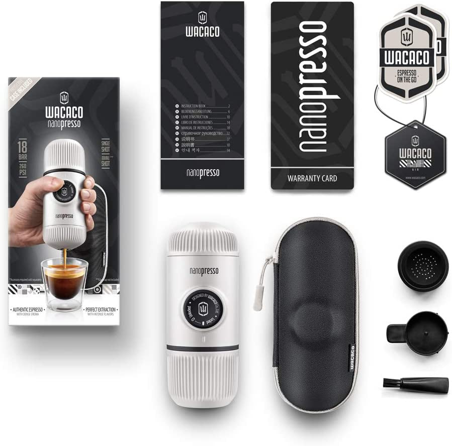 Nanopresso Portable Espresso Maker Bundled with Protective Case, Upgrade Version of Minipresso, Mini Travel Coffee Machine, Perfect for Camping, Travel and Office (New Elements Chill White)