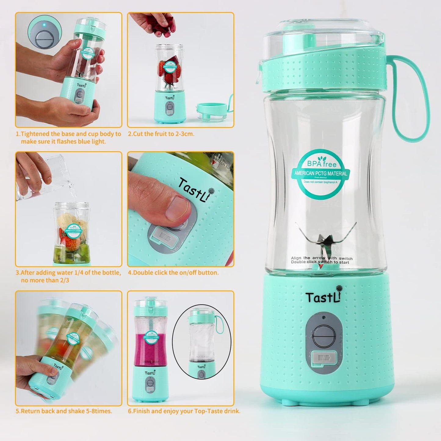 Personal Blender, Portable Travel Mini Ice Mixer Electric Smoothie Blender Juicer Cup Maker, with 13 Oz Bottles, 6 Blades and USB 4000Mah Strong Power for Shakes and Smoothies (Sky Blue)